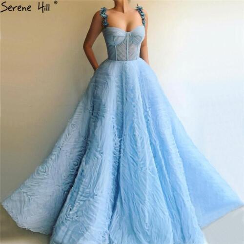 Blue Sleeveless Crystal Flowers Sexy Prom Dresses 2020 A-Line Pleat Tulle Long Prom Gowns Serene Hill BLA60992