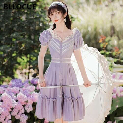 BLLOCUE New Summer Elegant Purple Dress Women Puff Sleeve V-neck Single-breasted Ruffles Mermaid Dresses Office Chic Vestidos