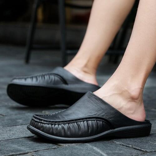 Hot Slippers Solid Black Genuine Leather Slippers Home Male Indoor House For Slippers Casual Big Size Shoes Men Slipper Non-slip