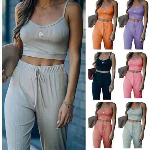 Workout Solid Matching Sets Backless Outfits Ribbed Crop Tops+Pants 2 Piece Set Women 2021 Summer Casual Woman Tracksuit New