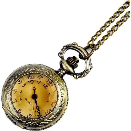Vintage Engraved Arabic Number Quartz Pocket Watch with Chain Birthday Gift