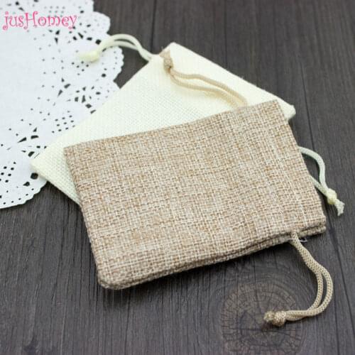 JusHomey 50pcs 7x9cm Vintage Drawstring Burlap Gift Bags Rustic Hessian Fabric Wedding Favors Bags Jewelry Pouches Ivory/Natural