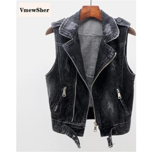 VmewSher New 5XL Women Denim Vest Short Cool Outwear Female Sleeveless Jean Jackets Slim Fashion Buckle Waistcoat 2020 Plus Size