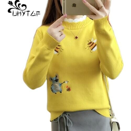 UHYTGF Knitted Autumn Winter Sweater Women Fashion Embroidered Elegant Girl Short Top Long Sleeve Pullover Plus Size Clothes1822