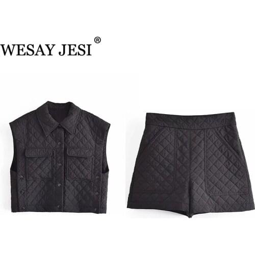 WESAY JESI Womens Clothing 2021 Za Suits With Shorts Two Piece Set Women Solid Color Button-Up Vest Casual High Waist Shorts