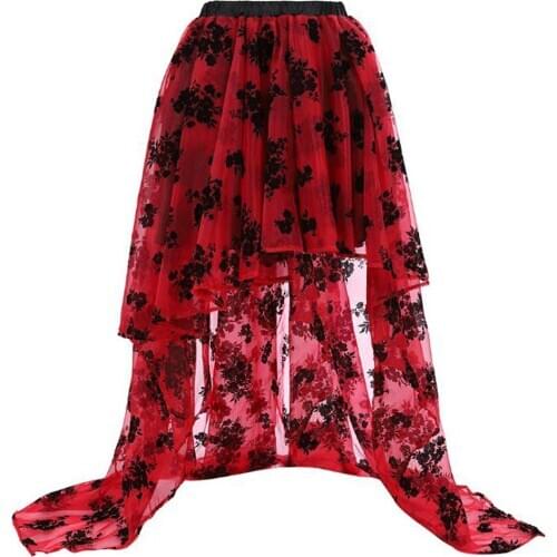 Victorian Steampunk Gothic Punk Ruffled Open Long Skirt Retro Lace Mesh Asymmetrical Lolita Party Floral Organza Falda Corta