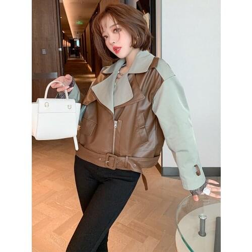 Punk style contrast color PU stitching double layer lapel zipper front short jacket womens 2020 autumn and winter new