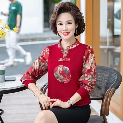 Chinese Style Women Long Sleeve T-shirt 2021 Spring Autumn Print Casual Clothing Plus Size 5XL V-neck Button Mother Tee Tops