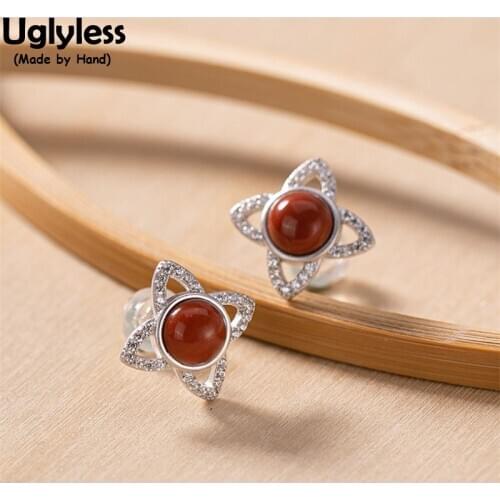 Uglyless Hollow 4-Petal Flowers Studs Earrings for Women Sparkly Zircons Crystals Earrings Gold Real 925 Silver Agate Jade Jewel