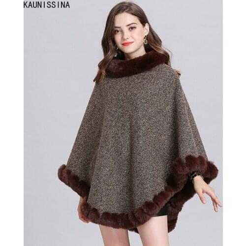 Winter Faux Fox Fur Ponchos and Capes Streetwear Women Cape Coat Solid Poncho Knitted O Neck Fur Sweater Outwear Clothes