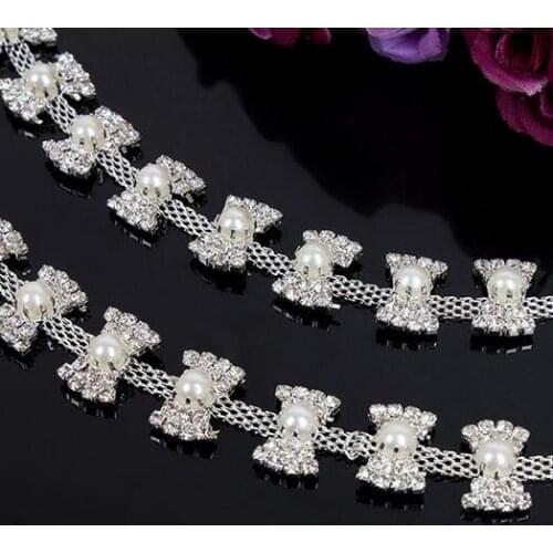 1 Yard 13mm A Grade Costume Applique Pearl Rhinestone Trimming Crystal Silver Tone Chain DIY Craft Sewing