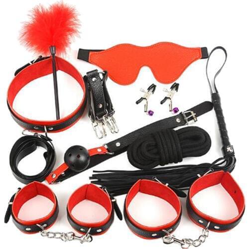 10 Pcs Adult Toy Restraint Cuffs Blindfold Strap Whip Rope Neck Cuffs Set Exotic Accessories
