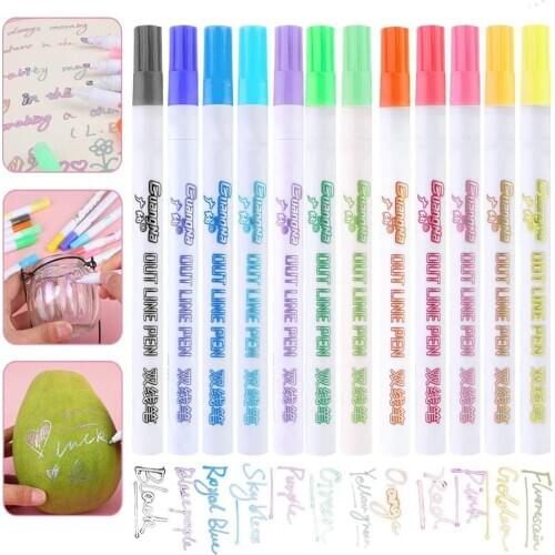 12 Magic Double Lines Art Markers Pen Out Line Pen Fine Liner Marker Fineliner Calligraphy Lettering Pen Color Scrapbooking Pens