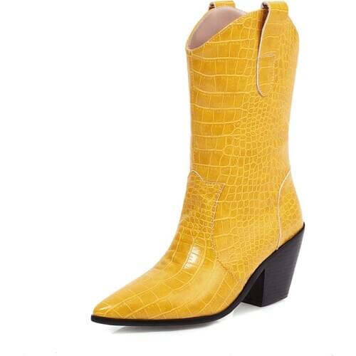 2020 Autumn Faux Leather Cowboy Ankle Boots Women Wedge High Heel Boots chunky Snake Print Western Cowgirl Boots Yellow White