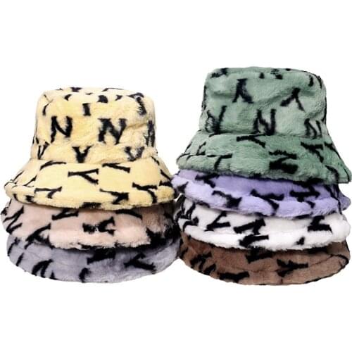 2021 new fashion letter printing fisherman hat faux fur winter female hat warm plush bucket hat