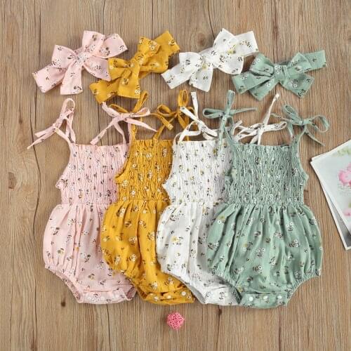 2021 Summer New Baby Romper Clothes Toddler Girls Floral Print Sleeveless Spaghetti Strap Bodysuit+Headwear Jumpsuit for Kids