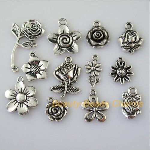 24Pcs Antiqued Silver Color DIY/Lovely Flower Mixed Charms Pendants