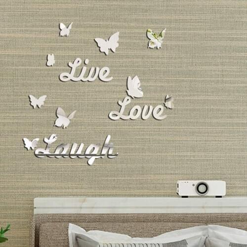 3D Acrylic Wall Sticker Live Love Laugh Butterfly Mirror DIY Wall Sticker Removable Acylic Crystal Vinyl Mirror Home Wall Decor