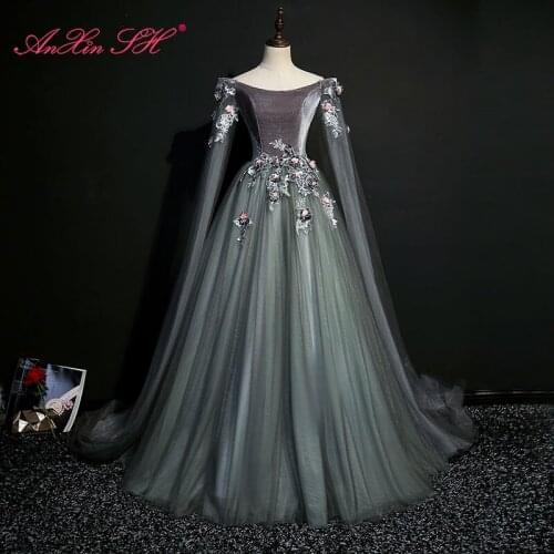 AnXin SH princess grey velour and lace beading pink flower a line long boat neck vintage bride party grey stage evening dress