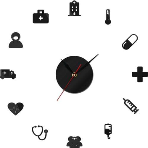 Hospital Clinic DIY 3D Acrylic Wall Clock Medical Medicine Heath Care Mirror Effect DIY Wall Art Ambulance Big Needles Watch