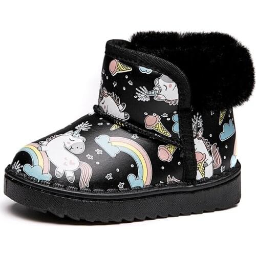 2020 Cute Cartoon Unicorn Children snow boots Pink Cute Girl Keep Warm Shoes Childhood Black Kids Boy Short Boots Printed D10272