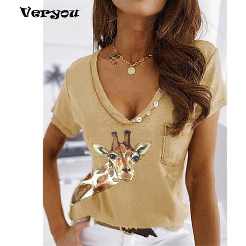Womens Hot Sale Fawn Print V-neck Short Sleeve Fashion Casual T-shirt Womens Lovely Fawn Elegant T-shirt Tops For Women