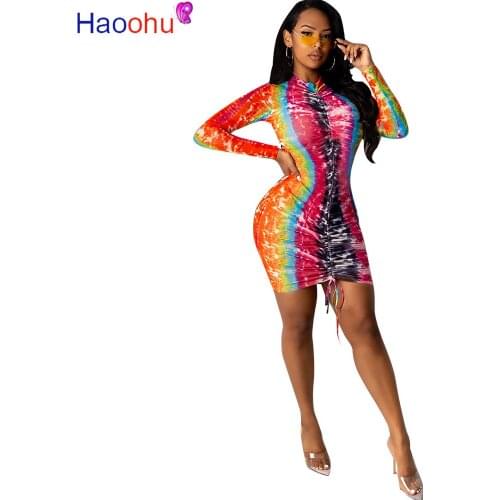 HAOOHU Long Sleeve Casual Womens Dresses Sexy Club Colourful Print Party Dress Leisure Clothes Female Bodycon Mini Dress