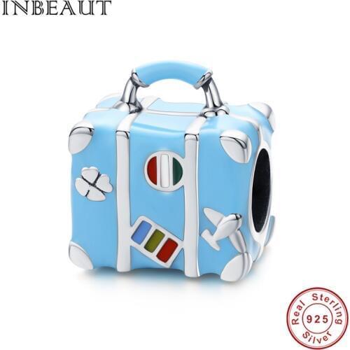 INBEAUT Original Blue Suitcase Beads fit Brand Bracelet 925 Sterling Silver Enamel Luggage Box Travelling Trunk Charms Pendant