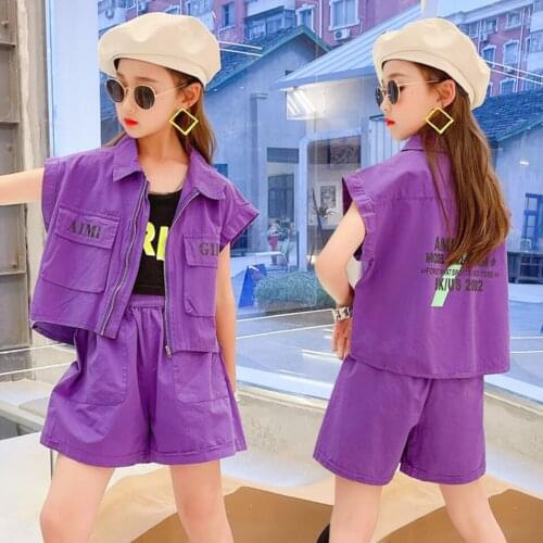 Girls Clothing Sets 2021 New Summer Kids Clothes Girls Age 3T-12Years Fashion Sleeveless Letter T-Shirt Shorts 2PCS Kids Suit