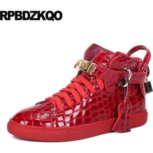 Wide fit shoes ladies snake elevator height increasing sneakers women red high top trainers metal lace up flats quality black