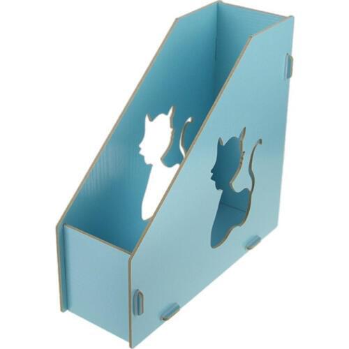 Cute Cat Hollow Out DIY Wooden Magazine Holder Desktop Books Organizer Office File Collector (Light Blue)