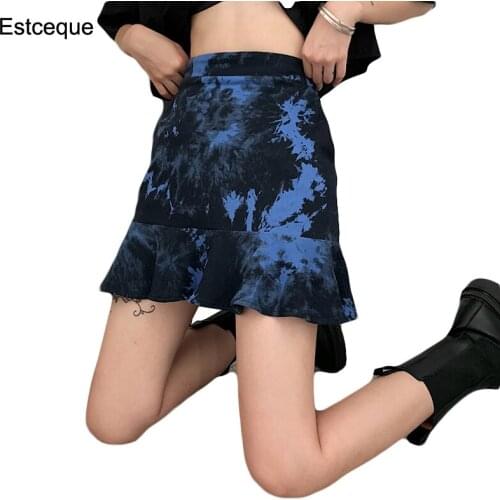 Gothic Skirt Women 2020 Summer New High Waist A-line Ruffle Skirt Korean Fashion Loose Thin Blue Skirt Female