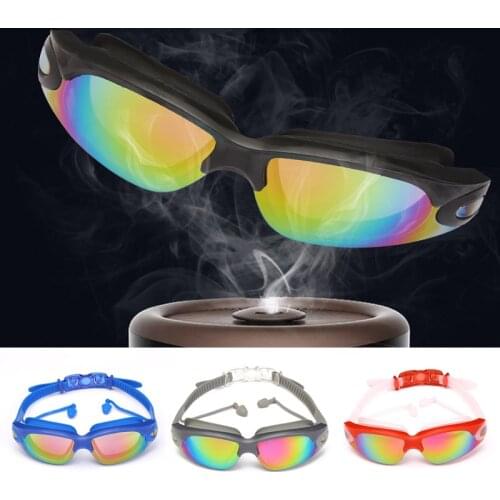 Mens Silicone Anti-fog Swimming Goggles Adjustable Swimming Goggles with Earplugs Ladies Electroplating Colorful Flat Goggles
