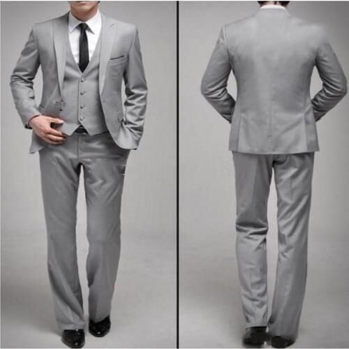 New Arrival Side Vent One Button Light Grey Groom Tuxedos Groomsmen Peak Lapel Mens Suits Blazers (Jacket+Pants+Vest+Tie) W:1014
