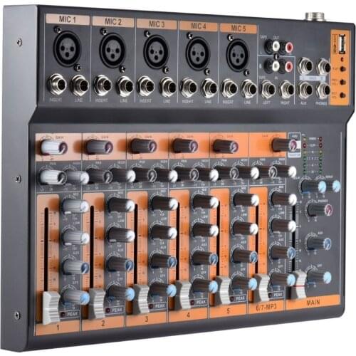 Portable 7-Channel Mic Line Audio Mixer Mixing Console 3-band EQ USB Interface 48V Phantom Power with Power Adapter
