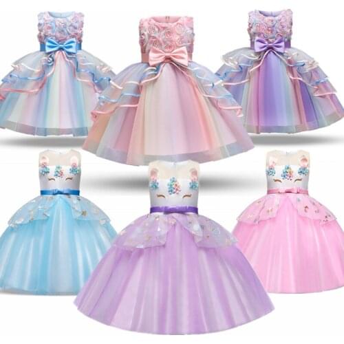 4-10 Years Rainbow Unicorn Flower Girl Dress Birthday Wedding Summer Kids Party Gown Casual flower girl dresses for weddings