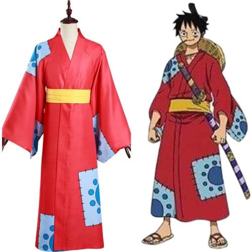 Anime One Piece Wano Country Monkey D. Luffy Cosplay Costume Kimono Outfits Halloween Carnival Suit Men Autumn Winter Long Coat