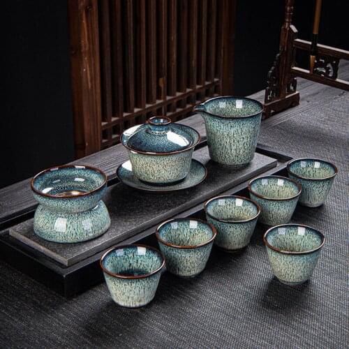 Jun Kiln Change 10pcs Tea Set Ceramic White Brushed Three-cap Bowl Ceramic Business Gift