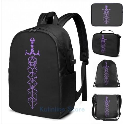 Funny Graphic print The Polyhedral Dice Collectors Purple Sword USB Charge Backpack men School bags Women bag Travel laptop bag