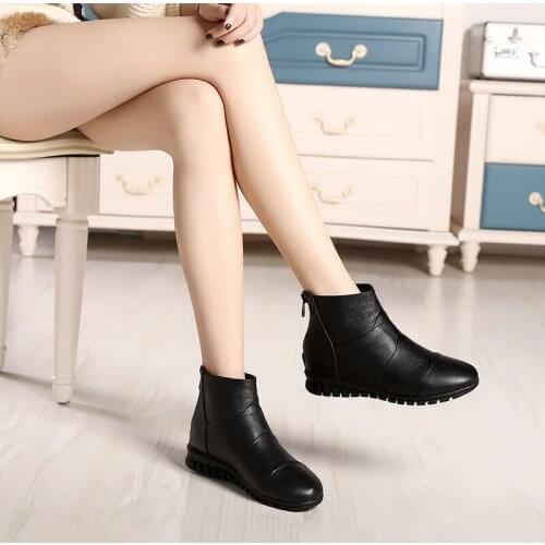 MORDOAN Genuine Cow Leather Lady Boots Women Leather Flat Ankle Boots Round Toe Autumn And Winter Comfortable Soft Ankle Boots