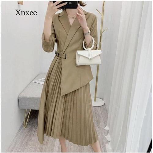 Women Elegant Dresses Blazer Pleated Irregular Length with Button Work Office Ldies Modest Female Fashion Spring Autumn Dress