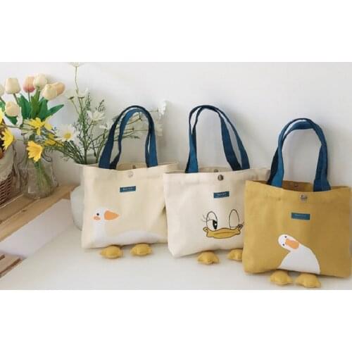 Females Canvas Handbags Cute Cartoon Yellow Duck Lunch Bag Casual Simple Mini Tote Bags Women Fashion Canvas Bag Сумка Женская