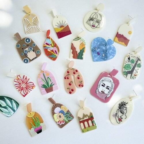 Cartoon Print Acrylic Multicolor Earring Spots Spray Pottery Clay Paint Exaggerated Large European and American Earring Woman