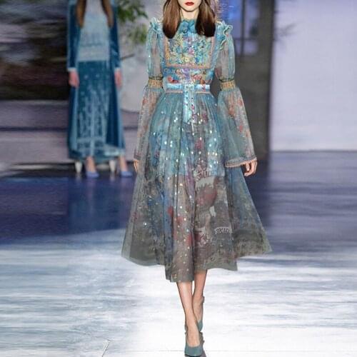 2021 Autumn Fashion Designer Skirt Set Women Vintage Flowers Printed Lace Flare Sleeve Shirt+Belt Mesh Skirt Ladies Suits