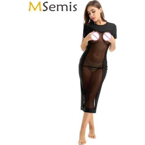 Women Sexy Sheer Mesh Long Robe Fashion Pullover Bodycon Party Dress Vestidos Femme Erotic Slim Transparent Night Dress Clubwear