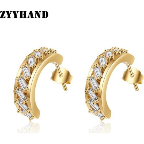 Golden Copper Alloy Zircon Women Stud Earring Girl Clean Stone Party C Shape Luxury Engagement Wedding Ear Jewellery