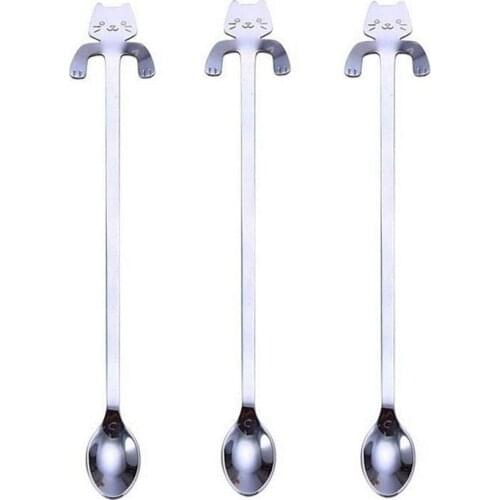 3-Pcs Lovely Cat Long Handle Hanging Spoons Stainless Steel Ice Tea Coffee Spoons (7.8-Inch In Length)