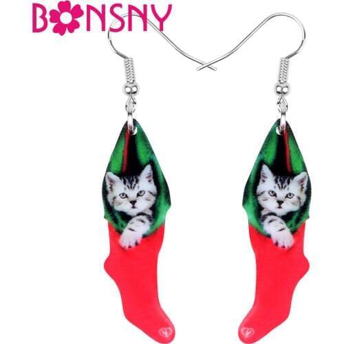 Bonsny Acrylic Christmas American Short Hair Cat Sock Earrings Drop Dangle Animal Pets Jewelry For Women Girls Teen Party Gift