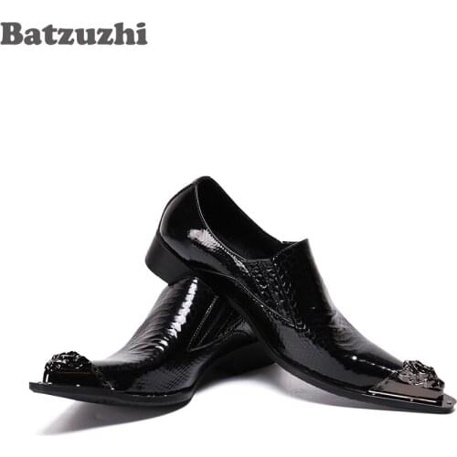 Batzuzhi Fashion Black Leather Dress Shoes Men Pointed Metal Tip Men Shoes Business Formal Footwear zapatos de hombre, Big Size