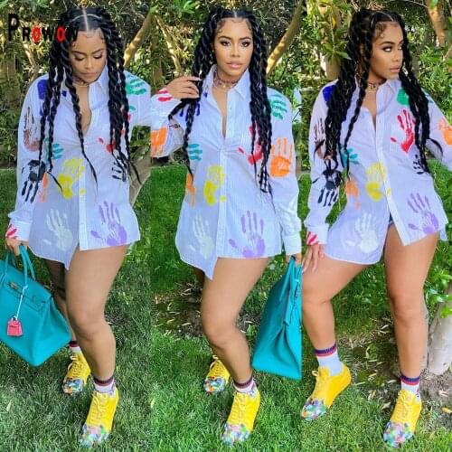 Prowow Women Blouses Colorful Palms Print Striped Top Clothes for Lady 2021 New Spring Fall Female Streetwear Shirts Outfit